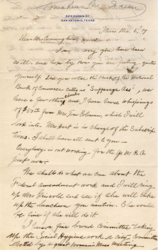 Letters from Rena Maverick Green to Minnie Fisher Cunningham, about the status of the Suffrage Association