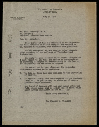 Letter from the office of Clanton W. Williams to Noel Atherley, responding to questions about racial integration