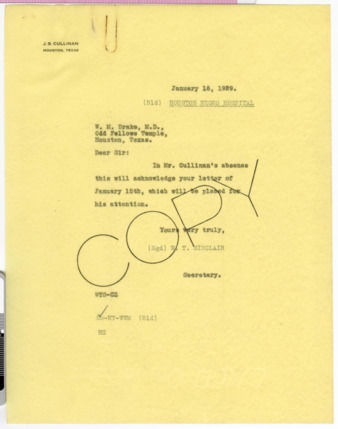 Letter from W. T. Sinclair to W. M. Drake, 1929 January 16