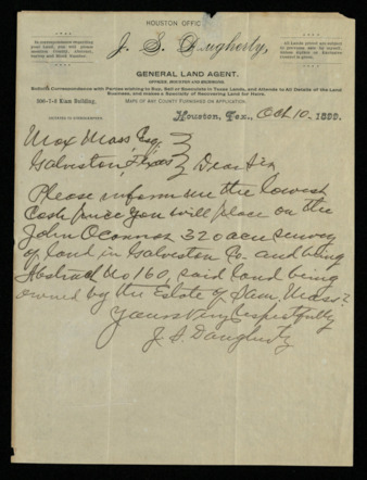 Letter from J. S. Daugherty to Mox Mass, Esq. regarding land available for purchase in Galveston