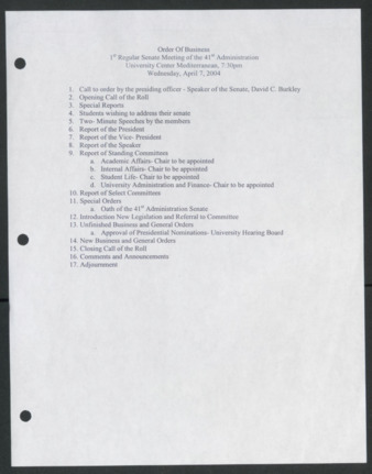 Order of Business [Agenda], 1st Senate Meeting of the 41st Administration, April 7, 2004