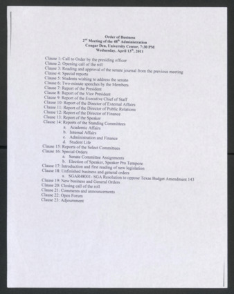 Order of Business [Agenda], 2nd Meeting of the 48th Administration, April 13, 2011