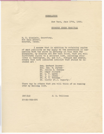 Memorandum from J. S. Cullinan to W. T. Sinclair, 1926 June 17