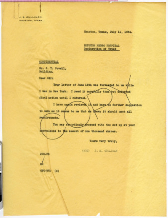 Letter from J. S. Cullinan to J. Y. Powell, 1934 July 11