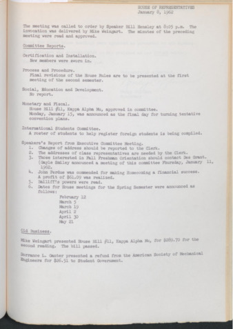 Hardbound Senate Journal, House of Representatives, Minutes, January 8, 1962