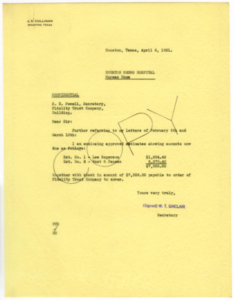 Letter from W. T. Sinclair to R. E. Powell, 1931 April 6