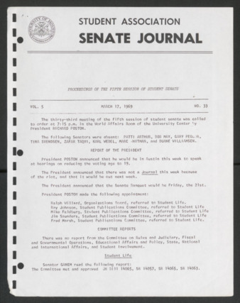 Senate Journal, Fifth Senate, University of Houston Student Government Association, Minutes, Vol. 5, No. 33, March 17, 1969