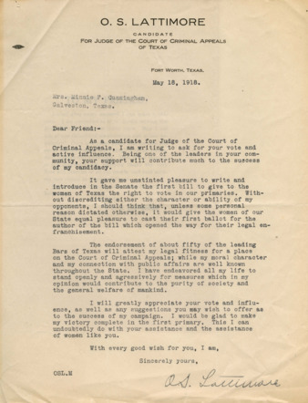 Letter to Mrs. Minnie Fisher Cunningham about judicial election