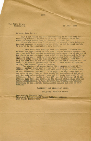 Letter from Woodrow Wilson to Mrs. Catt supporting Federal Suffrage Amendment