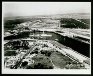 USS Houston (CA-30) in Houston Ship Channel, at the turning basin, taken from the air