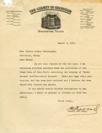 Letter from Chas. H. Theobald to Minnie Fisher Cunningham, enclosed with Article 496, Penal Code of Texas