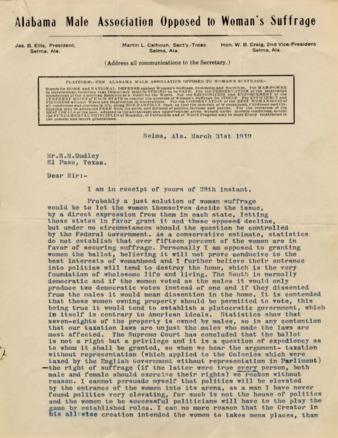 Letter from Martin L. Calhoun to R. M. Dudley, 1919 March 31