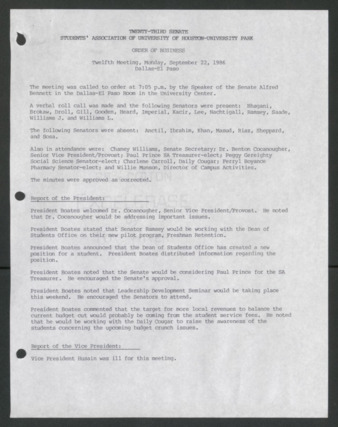 Twenty-third Senate, Students' Association of the University of Houston-University Park, Order of Business [Minutes], Twelfth Meeting, September 22, 1986