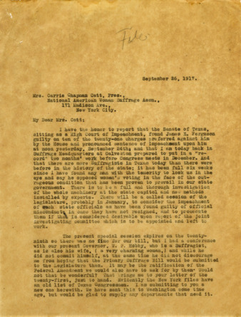 Letter to Mrs. Carrie Chapman Catt, informing James E. Ferguson's sentence of impeachment