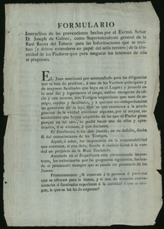 Formulario Instructivo de las prevenciones hechas por el Excmo. Señor D. Joseph de Galvez