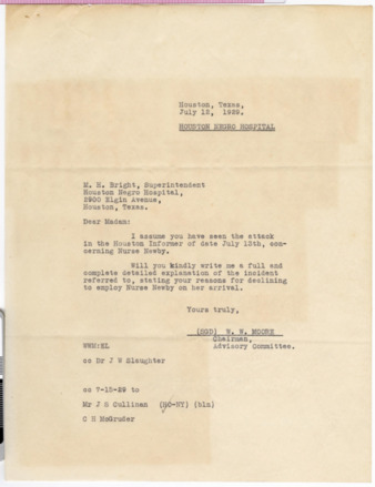 Letter from W. W. Moore to M. H. Bright, 1929 July 12