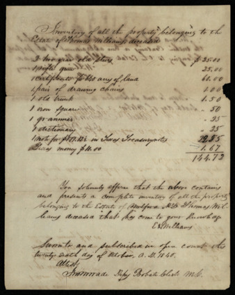 Inventory of the property of the estate of Thomas Williams by William Sanderson