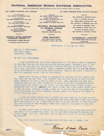 Letter from Maud Wood Park to Mrs. B. J. Cunningham