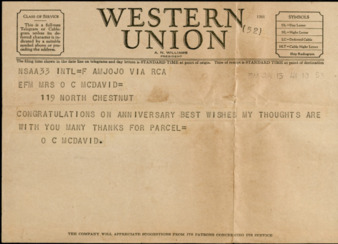 Western Union Telegram from Capt. O. C. McDavid to Inez McDavid, 1945 June 18