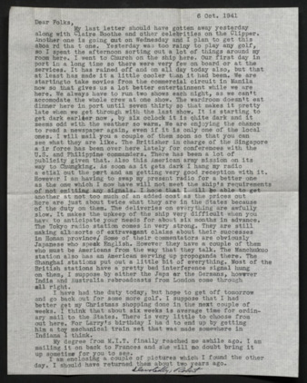 Letter from Lt. Robert B. Fulton to Mr. and Mrs. Fulton, William L., 1941 October 6