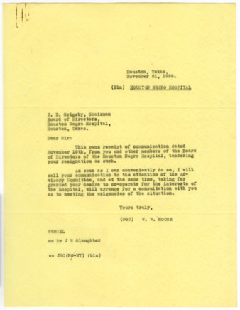 Letter from W. W. Moore to J. B. Grigsby, 1929 November 21