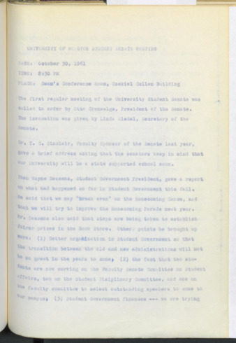 Hardbound Senate Journal, Student Senate, Minutes, October 30, 1961