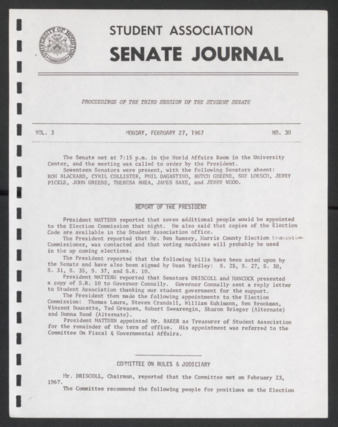 Senate Journal, Third Senate, University of Houston Student Government Association, Minutes, Vol. 3, No. 30, February 27, 1967