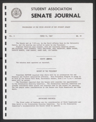 Senate Journal, Third Senate, University of Houston Student Government Association, Minutes, Vol. 3, No. 31, March 13, 1967