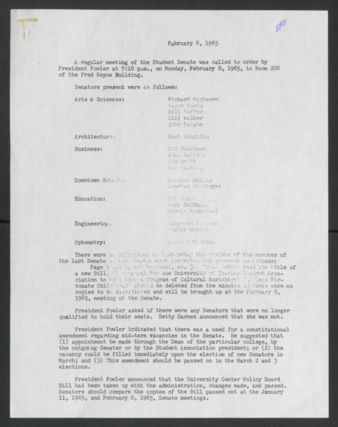 First Senate, Students' Senate Association, University of Houston, Meeting Minutes, February 8, 1965