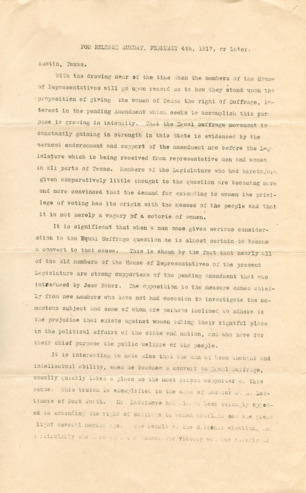 women's' Suffrage Movement in Texas, For Release on February 4th, 1917 or later