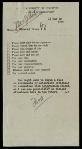 Memorandum from Patrick J. Nicholson to A. D. Bruce, suggesting he create a file of statements made by university officials regarding the "integration crisis"