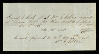 Receipt stating payment of $5.50 for the tuition of Virginia Cook, paid by Samuel H. Cook to William C. Collier