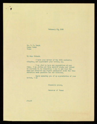 Letter from Governor James V. Allred to C. H. Murph, 1938 February 21