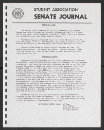 Senate Journal, Third Senate, University of Houston Student Government Association, Minutes, Second Meeting, March 21, 1966
