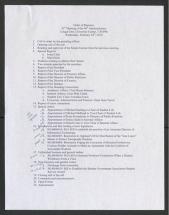 Order of Business [Agenda], 21st Meeting of the 46th Administration, February 24, 2010