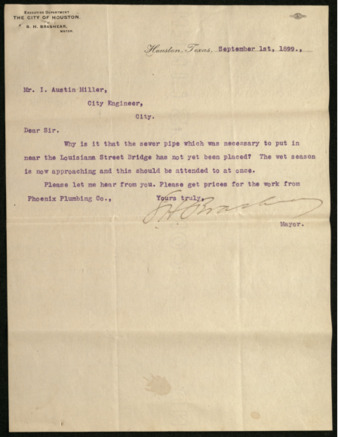 Letter from Samuel H. Brashear to I. Austin Miller, 1899 September 1