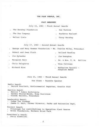 List of The Park People Past Awardees, 1981-1990