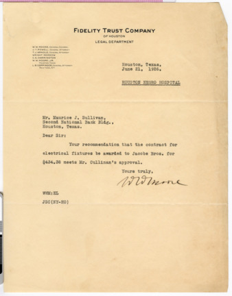 Letter from W. W. Moore to Maurice J. Sullivan, 1926 June 21