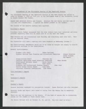 Senate Journal, Twentieth Senate, University of Houston Student Government Association, Minutes, Thirteenth Meeting, October 3, 1983