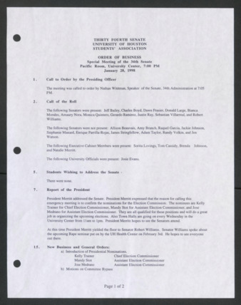 Thirty-fourth Senate, University of Houston, Students' Association, Order of Business [Minutes], Special Meeting, January 28, 1998