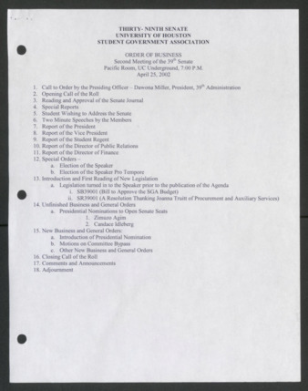 Thirty-ninth Senate, University of Houston, Student Government Association, Order of Business, Second Meeting, April 25, 2002