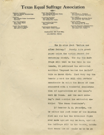 Incomplete letter to the editor of Houston Post