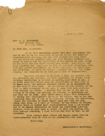 Letter from the Headquarters Secretary to Mrs. O.A. Critchett, on behalf of Minnie Fisher Cunningham