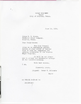 Letter from Oscar F. Holcombe to W. W. Moore, 1926 June 18
