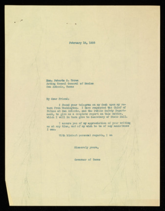 Letter from Governor James V. Allred to Roberto S. Urrea, 1938 February 19