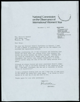 Letter from Priscilla Weatherly to Marjorie Randal, 1977 December 01