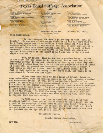 Letter from Minnie Fisher Cunningham to the members of Texas Equal Suffrage Association, asking them to encourage people to buy Liberty Bonds