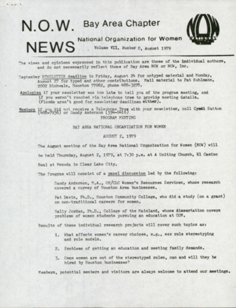 NOW News Bay Area Chapter, Vol. 7, No. 8, August 1979