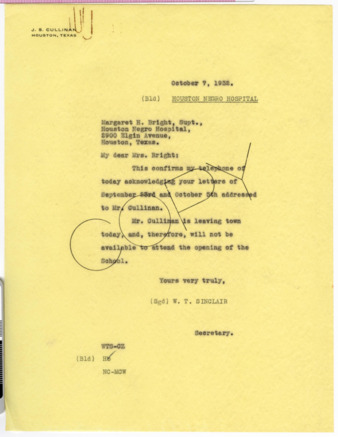 Letter from W. T. Sinclair to Margaret H. Bright, 1932 October 7