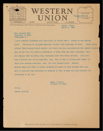 Telegram from Governor James V. Allred to Cordell Hull, 1938 March 5